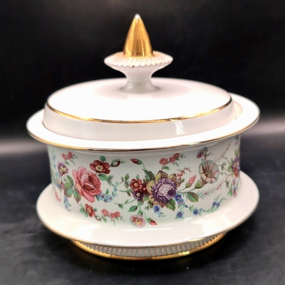 Florentine Italy Porcelain Lidded Jar Urn Bowl Cannister - Floral w/ Gold Trim - Picture 3 of 10